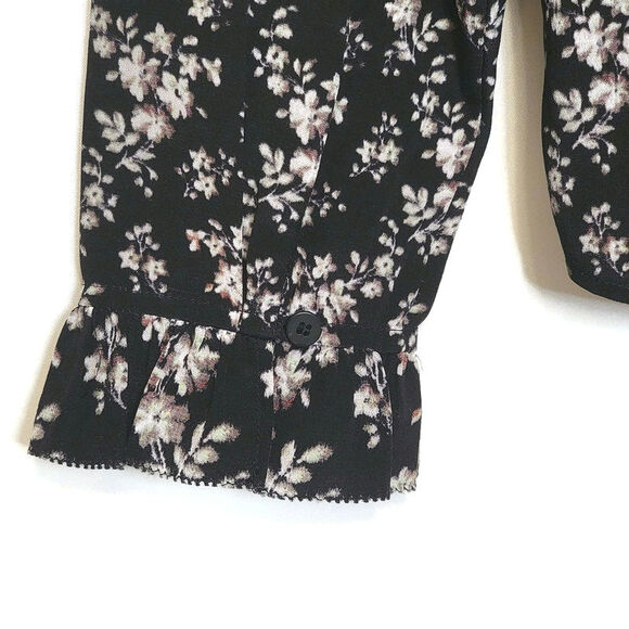 AllSaints Silk Floral Ruffle Long Sleeve Button Down Blouse Black Sz2 Chic Femme - Picture 12 of 16